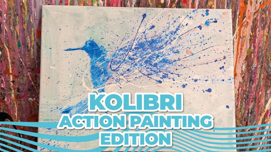 Abstrakter blauer Vogel auf buntem Canvas.