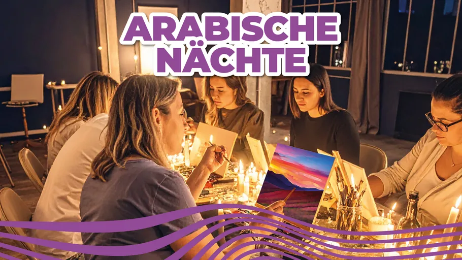 Group painting in candlelit setting.