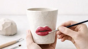 Hands painting lips on ceramic cup.