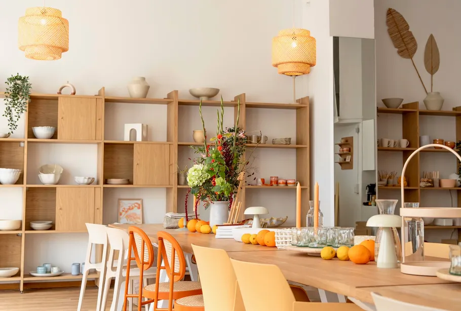 Dining room with modern decor, wooden shelves.