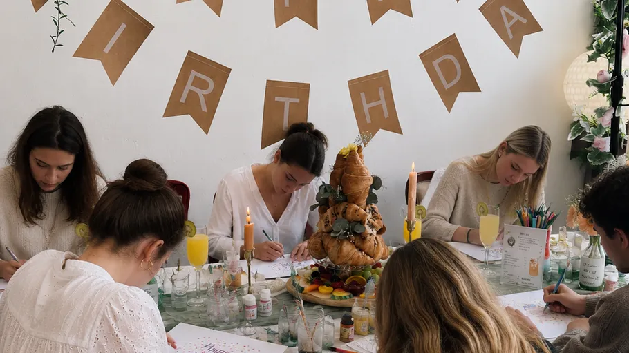 People writing at a decorated birthday table.