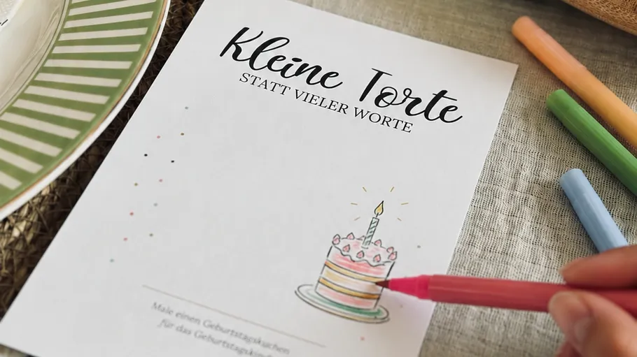 Hand colors cake drawing on card.
