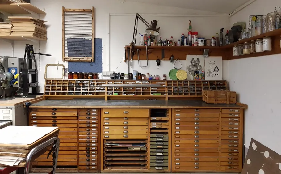 Wooden drawers with supplies in a workshop.