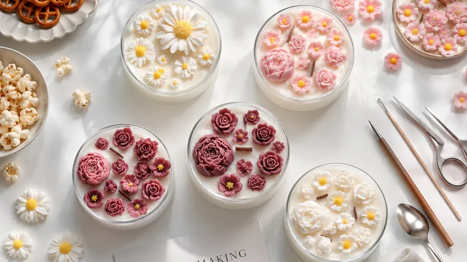 Kerzen mit Blumendesigns auf weißem Tisch.
