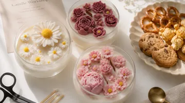 Flower candles on a table with snacks.