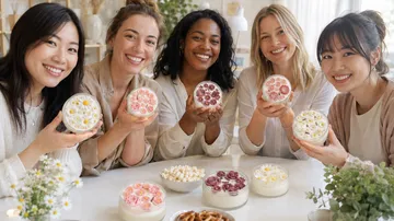 Frauen lächeln, halten Blumen-Desserts drinnen.
