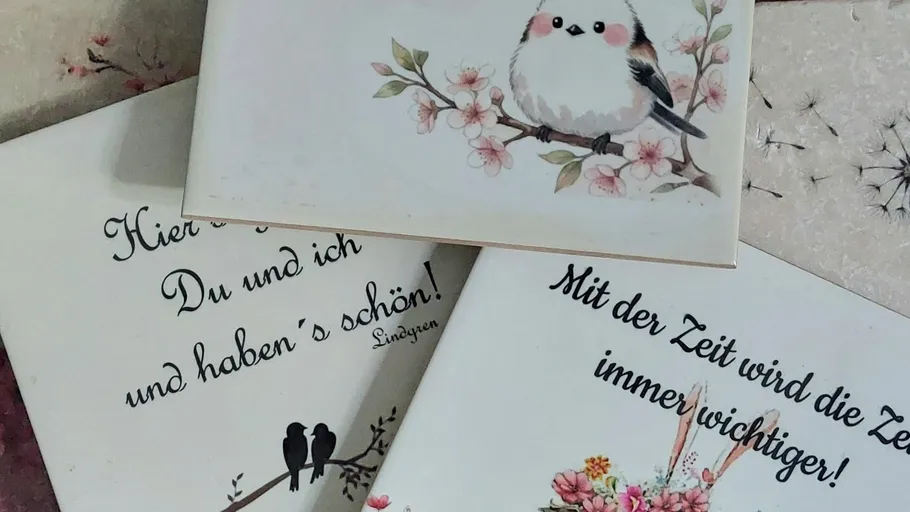 Three illustrated cards with floral and bird designs.