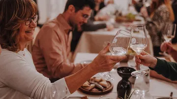People toasting with wine glasses at dinner.