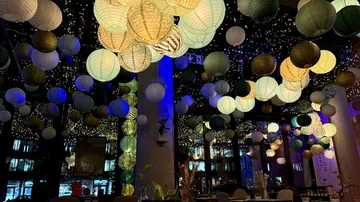 Lanterns hanging in a decorated indoor space.
