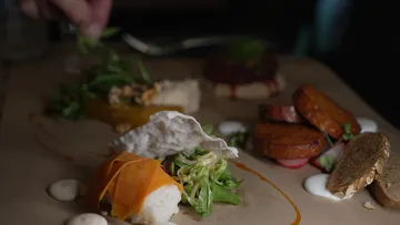 Gourmet plated food with vegetables.