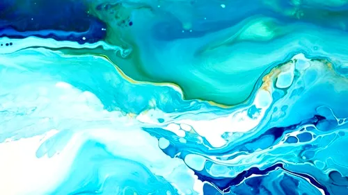Abstract fluid painting with blue swirls.