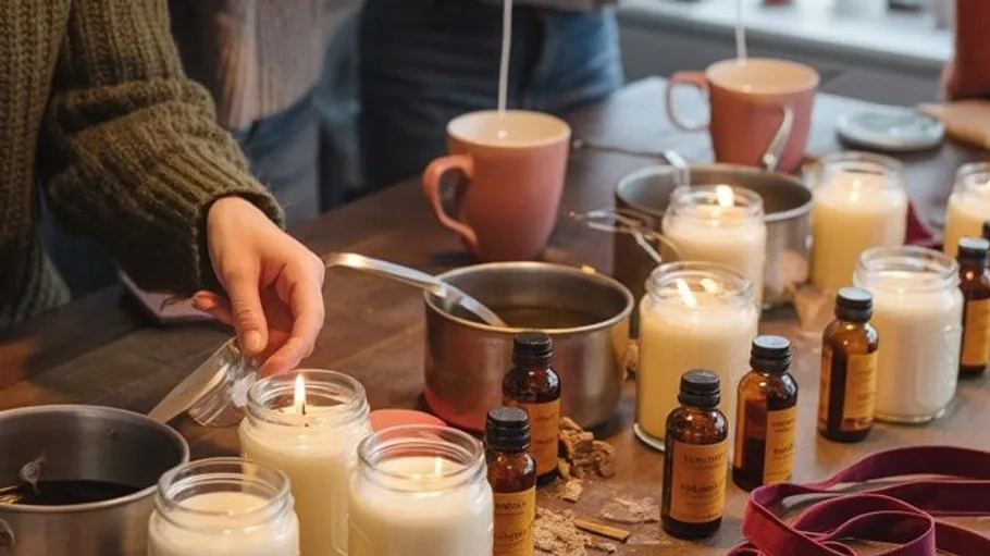People making candles on wooden table.
