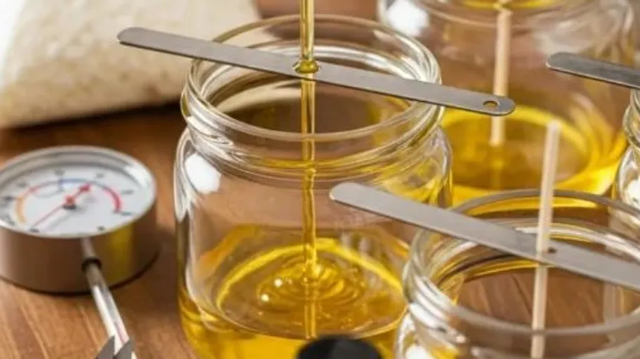 Glass jars filled with yellow liquid, thermometer nearby.