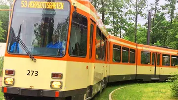 Orangene Straßenbahn fährt durch Waldgebiet.
