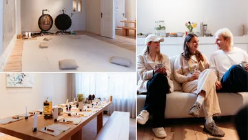 Meditationsraum, Tisch mit Produkten, Menschen plaudern.
