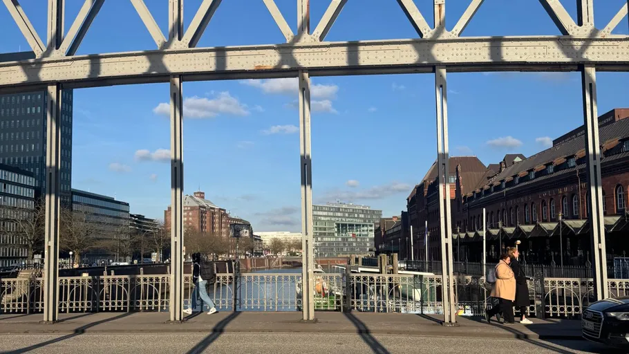 People walking on a bridge, urban setting.