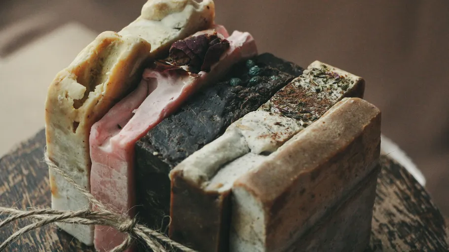 Variety of soaps tied with twine.