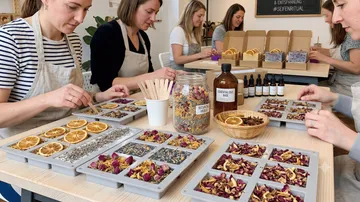 Group making botanical soaps at table.