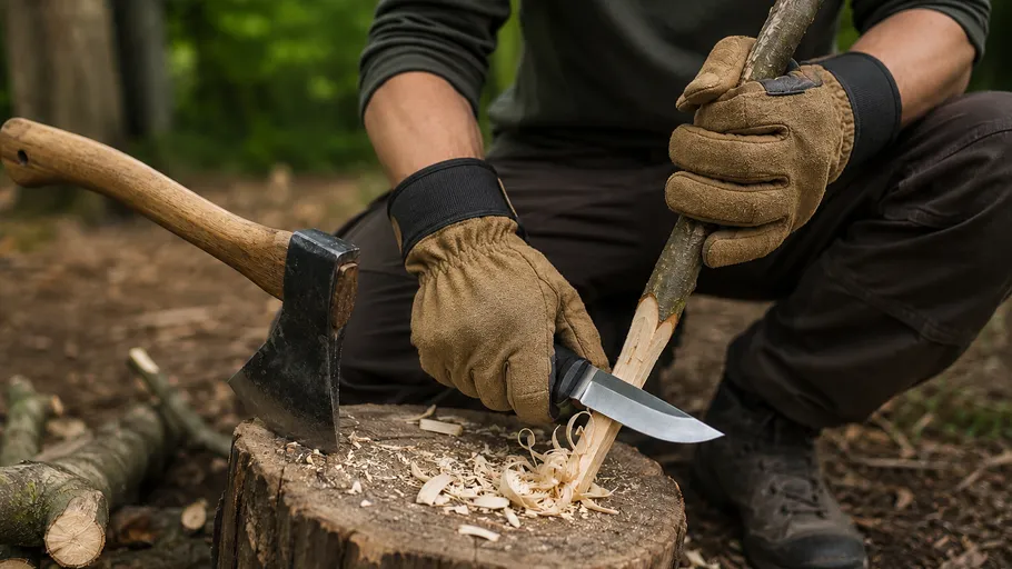 Person whittling stick beside an axe outdoors.