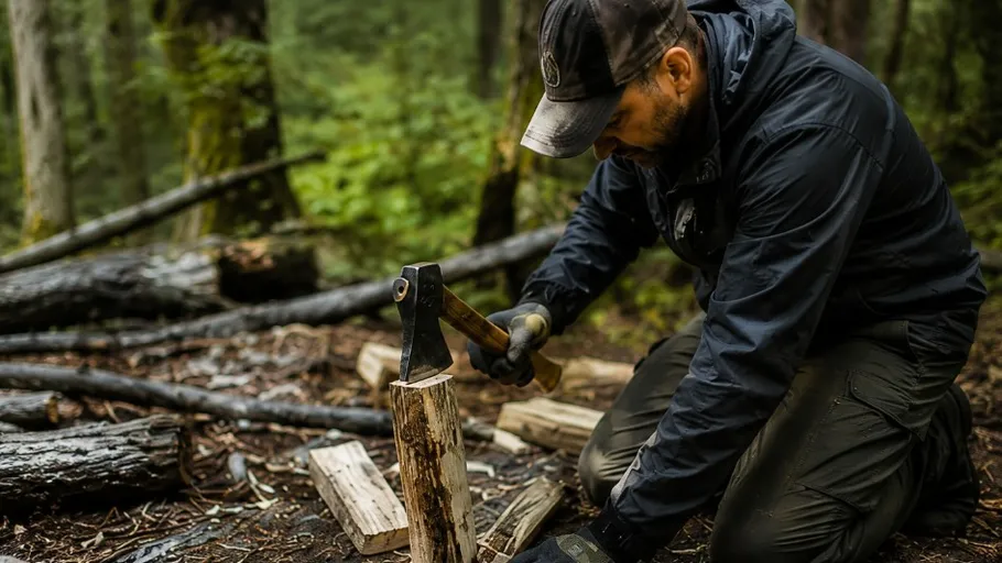 Man chopping wood in forest area.