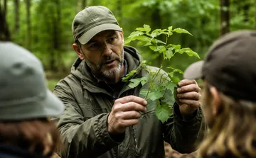 Mann untersucht Pflanze im Wald.