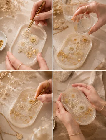 Hands crafting floral resin tray indoors.