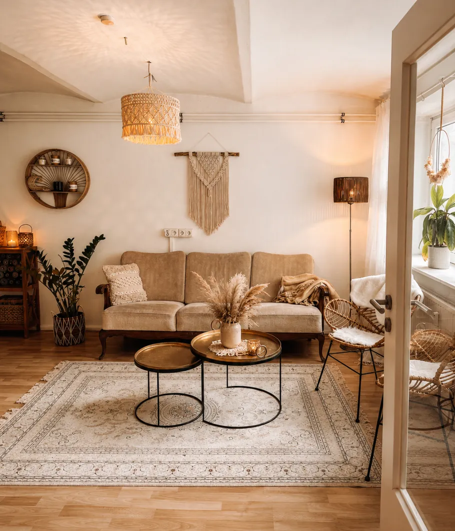 Cozy living room with beige sofa and decor.