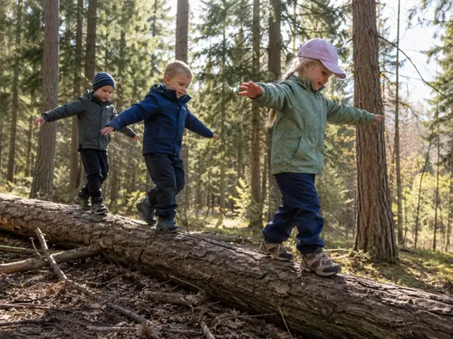 Kinder balancieren auf Baumstamm im Wald.