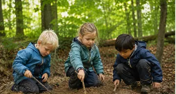Children digging in forest soil with sticks.