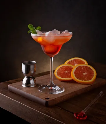 Cocktailglas mit Eis auf Holzbrett.