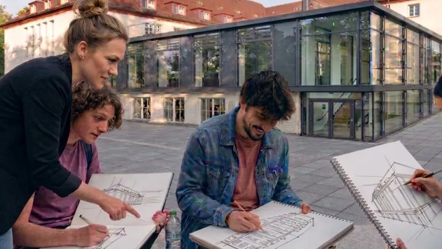 Students sketching buildings outside a university.