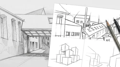 Sketches of buildings with pencils beside.