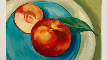 Peaches on blue plate, artistic style.