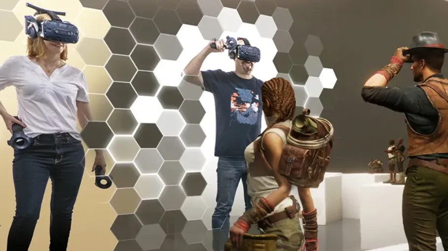Zwei Personen mit VR-Headsets interagieren in modernem Raum.
