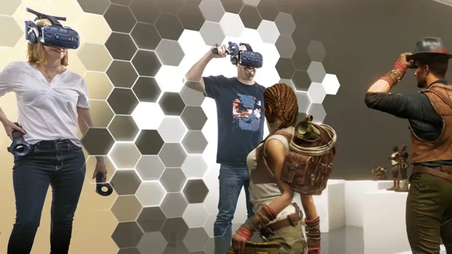 Personen mit VR-Headsets, virtuelle Spielumgebung.