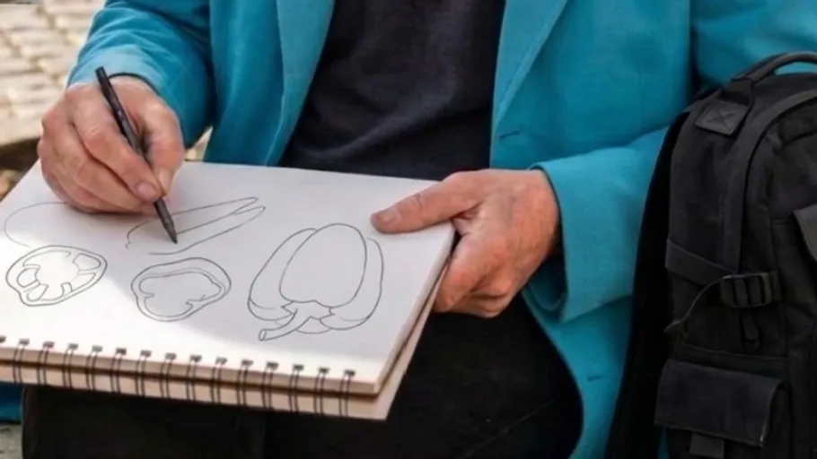 Person zeichnet Gemüse in einem Notizbuch draußen.
