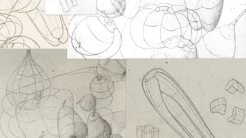 Geometrische Skizzen von Gemüse auf Papier.