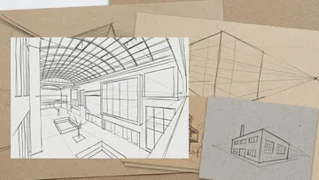 Architectural sketches on layered paper background.