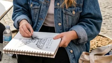 Person sketching building in notebook outdoors.