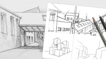 Architectural sketches and pencil drawing tools.