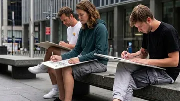 Three people sketching on city bench.