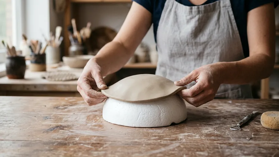 Person shaping clay on foam mold in studio.