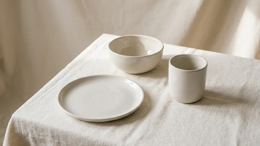 Ceramic dishes set on a linen-covered table.