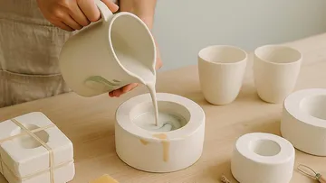 Hands pour liquid into mold on table.