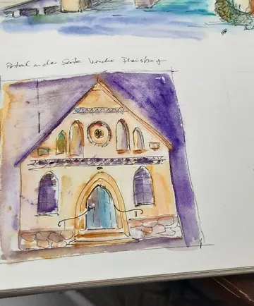 Illustration einer Kirchenfassade, Aquarellstil.