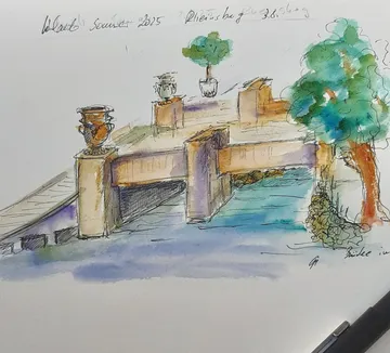 Bridge drawing with vases and trees.