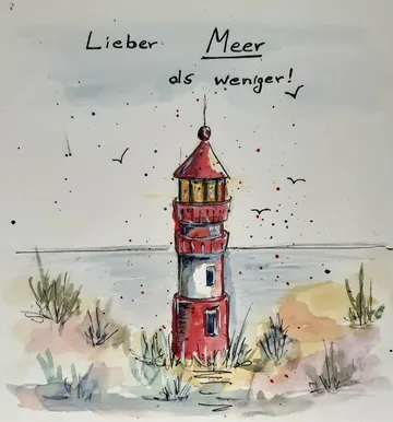 Lighthouse amidst grass by the sea.