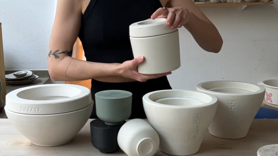 Person organizing ceramic pots on table.