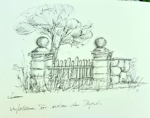 Sketch of old gate and tree outdoors.