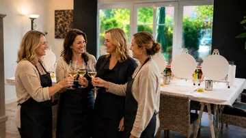Vier Frauen stoßen im Kunststudio an.